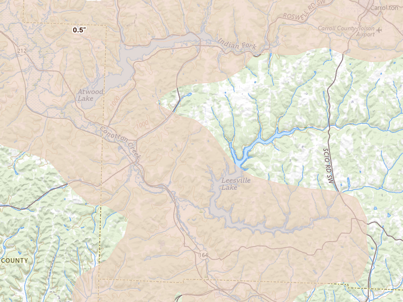 Radar-estimated hail-size map of the storm over Bowerston, OH on Aug 10, 2026