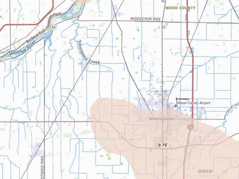 Radar-estimated hail-size map of the storm over Bowling Green, OH on Aug 10, 2026