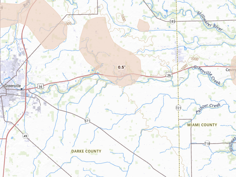 Radar-estimated hail-size map of the storm over Bradford, OH on Aug 11, 2026