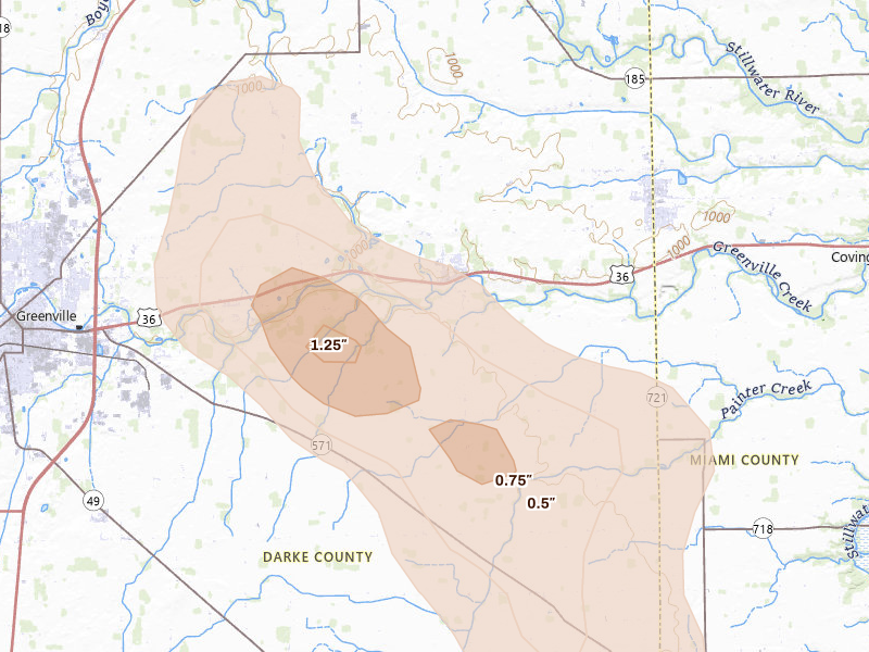 Radar-estimated hail-size map of the storm over Bradford, OH on Sep 4, 2026