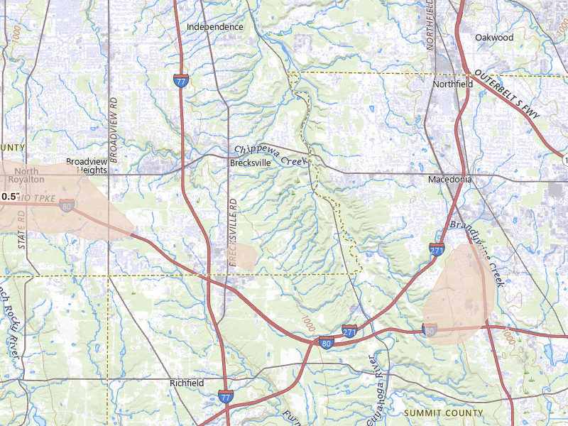Radar-estimated hail-size map of the storm over Brecksville, OH on Aug 10, 2026