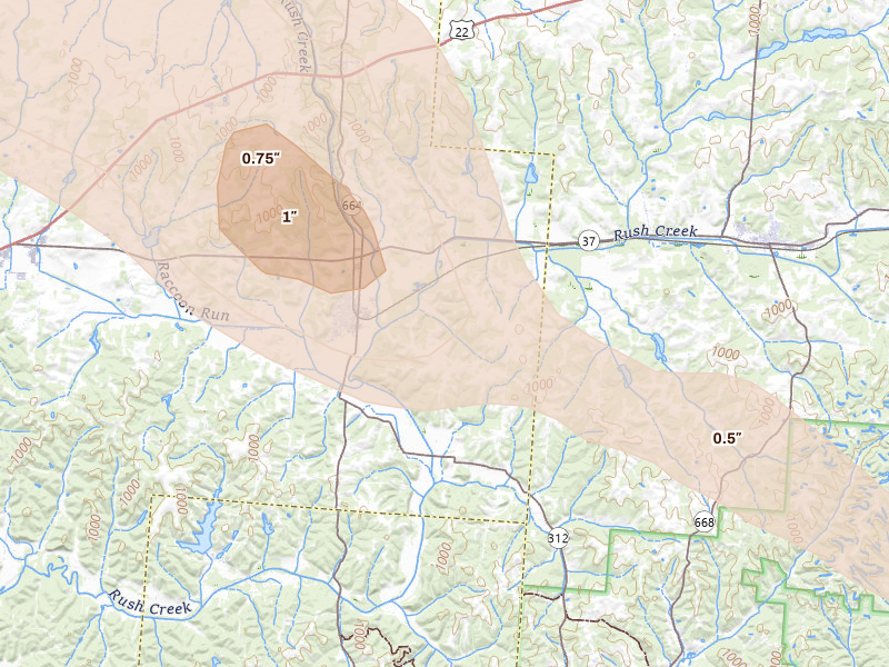 Radar-estimated hail-size map of the storm over Bremen, OH on Jun 6, 2026