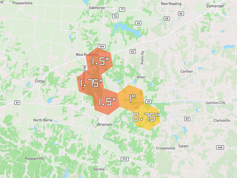 Hail map of Bremen, OH on Jun 6, 2026, hail up to 1.75"