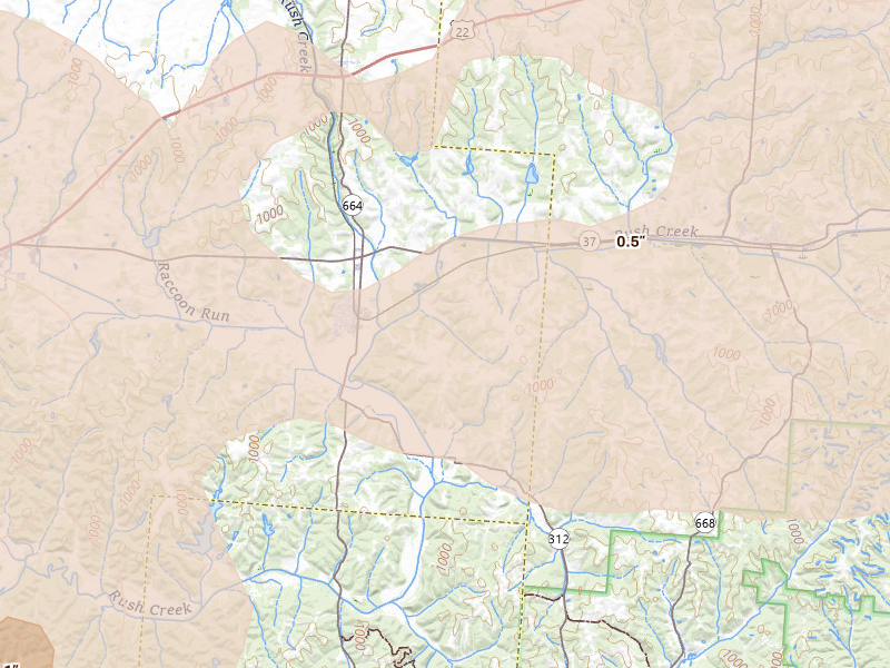 Radar-estimated hail-size map of the storm over Bremen, OH on Aug 10, 2026