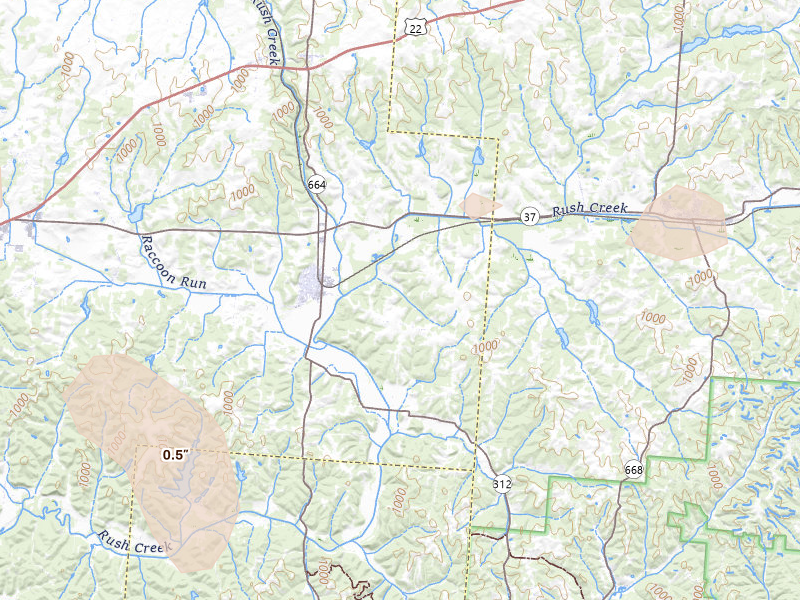 Radar-estimated hail-size map of the storm over Bremen, OH on Aug 11, 2026