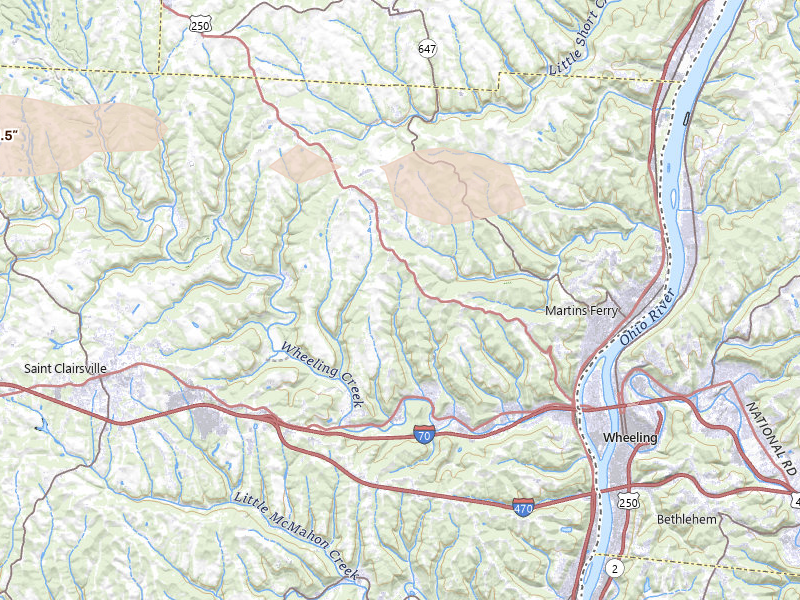 Radar-estimated hail-size map of the storm over Bridgeport, OH on May 13, 2026