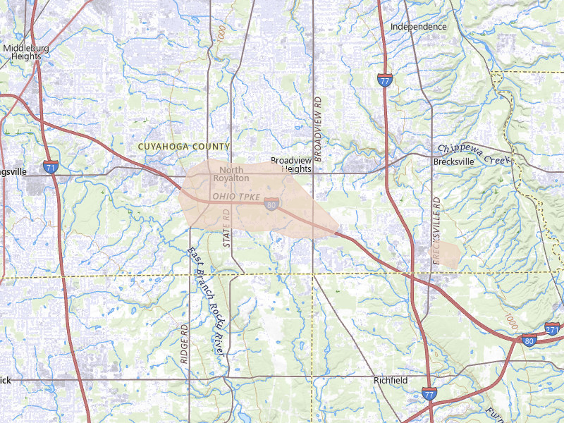 Radar-estimated hail-size map of the storm over Broadview Heights, OH on Aug 10, 2026