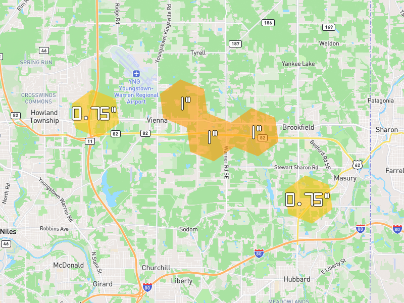 Hail map of Brookfield, OH on Jul 10, 2026, hail up to 1"