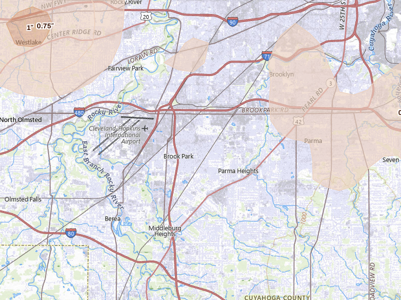 Radar-estimated hail-size map of the storm over Brookpark, OH on Aug 22, 2026