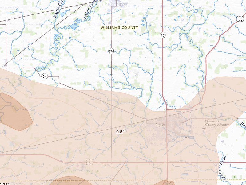 Radar-estimated hail-size map of the storm over Bryan, OH on Mar 26, 2026