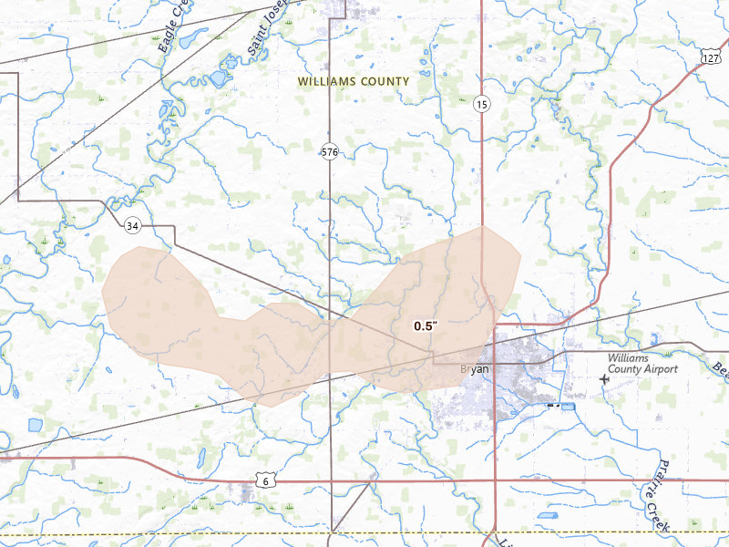 Radar-estimated hail-size map of the storm over Bryan, OH on Apr 22, 2026