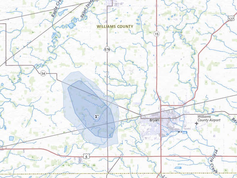 NEXRAD radar-signature map of the hail storm over Bryan, OH on Apr 22, 2026