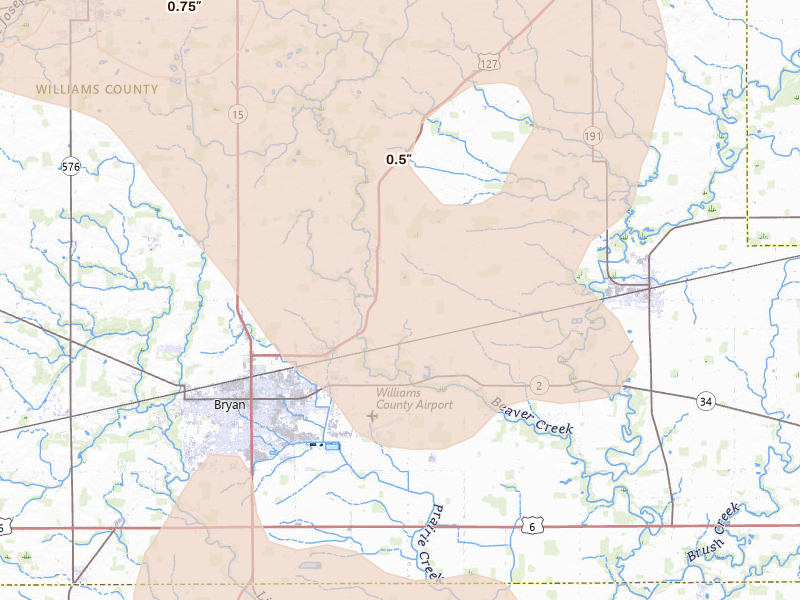 Radar-estimated hail-size map of the storm over Bryan, OH