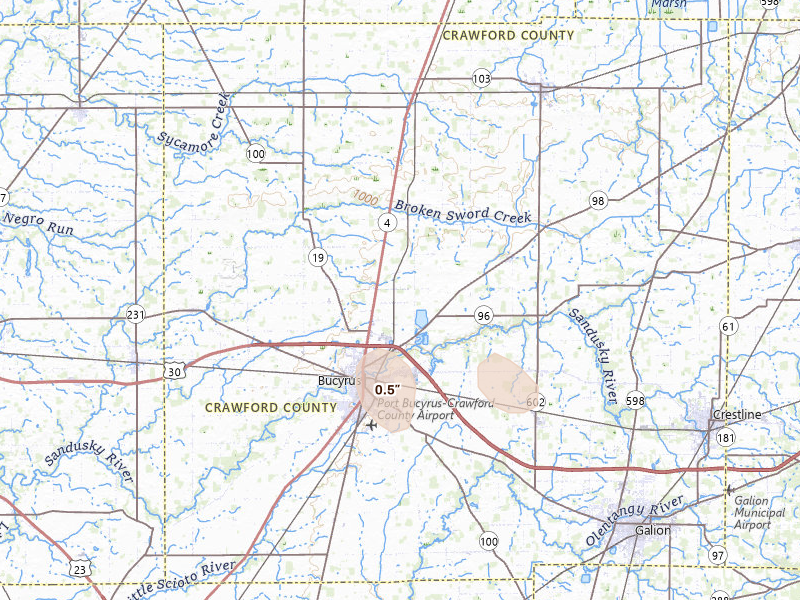 Radar-estimated hail-size map of the storm over Bucyrus, OH on Mar 22, 2026