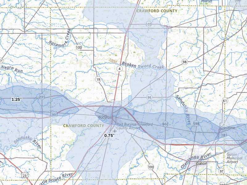 NEXRAD radar-signature map of the hail storm over Bucyrus, OH on Mar 22, 2026