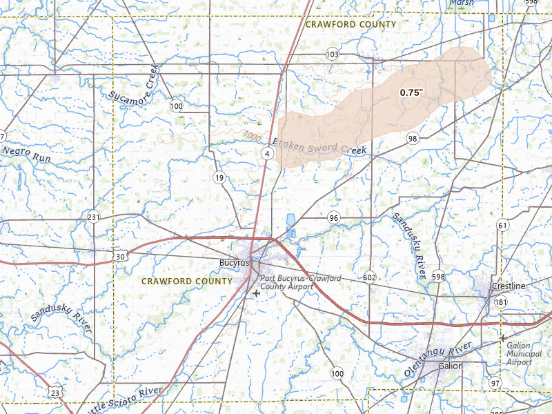 Radar-estimated hail-size map of the storm over Bucyrus, OH on Apr 14, 2026