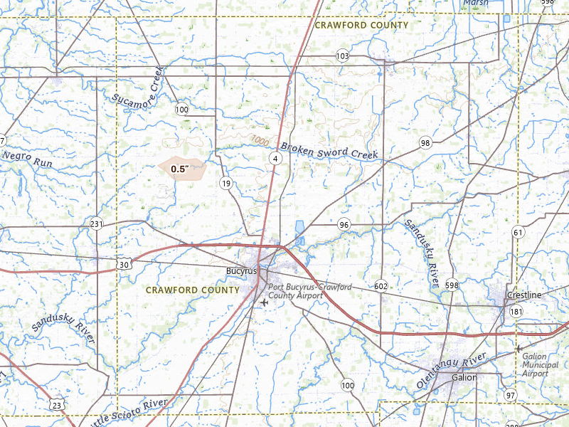 Radar-estimated hail-size map of the storm over Bucyrus, OH on Apr 22, 2026