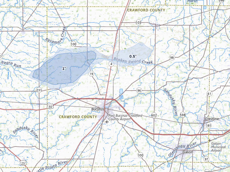 NEXRAD radar-signature map of the hail storm over Bucyrus, OH on Apr 22, 2026