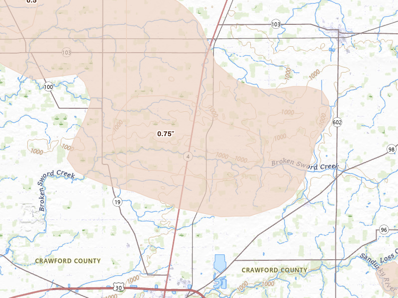 Radar-estimated hail-size map of the storm over Bucyrus, OH on Aug 10, 2026
