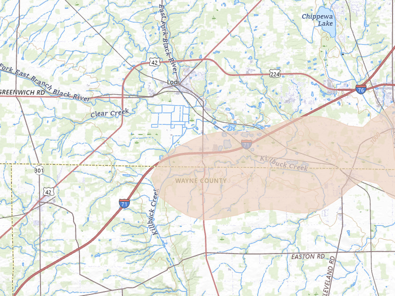 Radar-estimated hail-size map of the storm over Burbank, OH on Apr 15, 2026