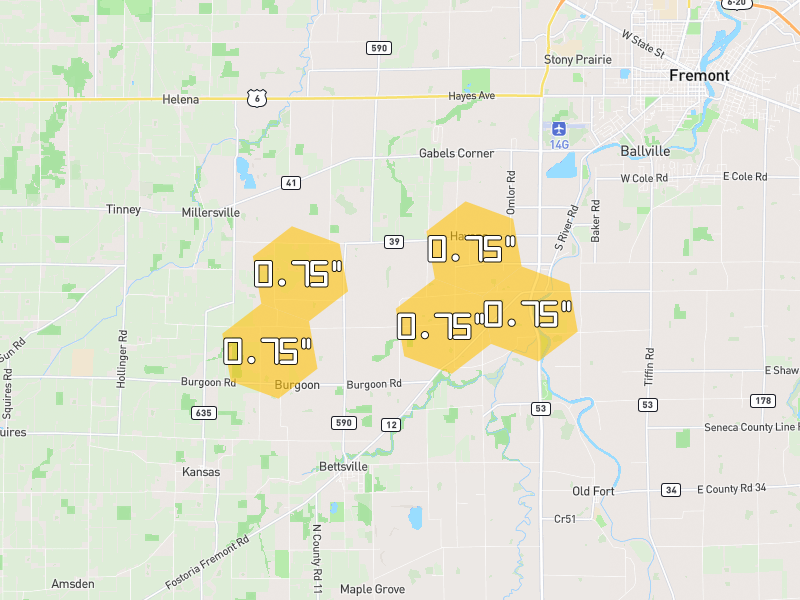 Hail map of Burgoon, OH on Jul 10, 2026, hail up to 0.75"