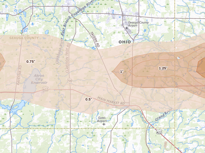 Radar-estimated hail-size map of the storm over Burton, OH on Apr 15, 2026