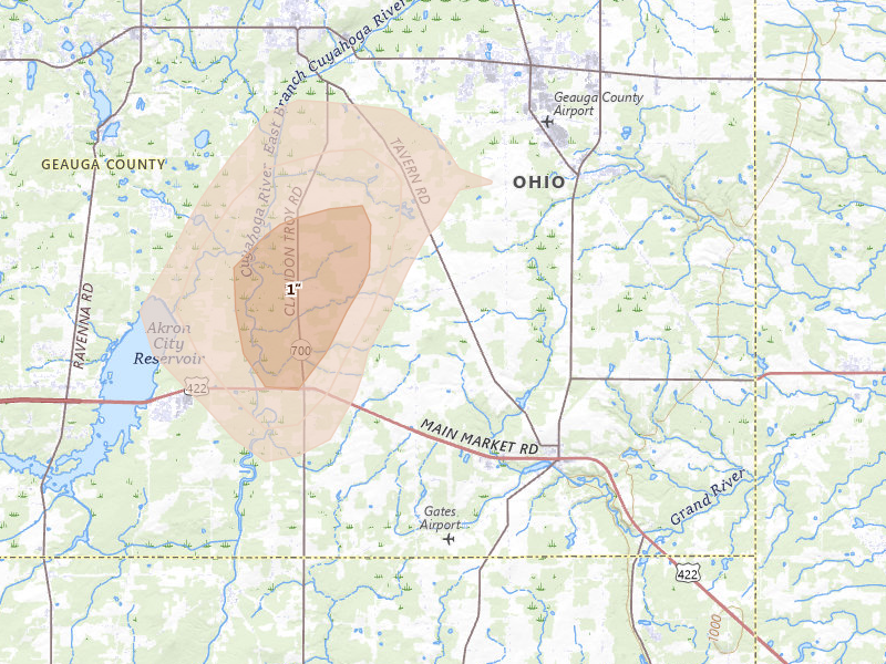 Radar-estimated hail-size map of the storm over Burton, OH on Jul 16, 2026