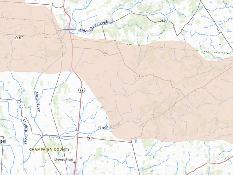 Radar-estimated hail-size map of the storm over Cable, OH on Mar 22, 2026