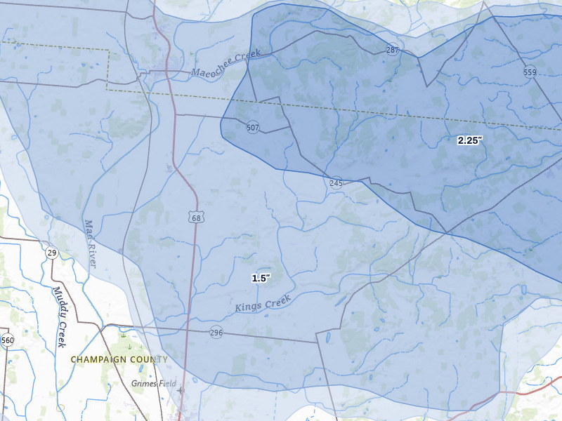 NEXRAD radar-signature map of the hail over Cable, OH