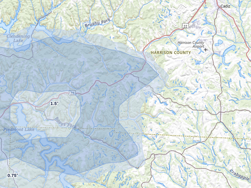 NEXRAD radar-signature map of the hail storm over Cadiz, OH on Mar 22, 2026