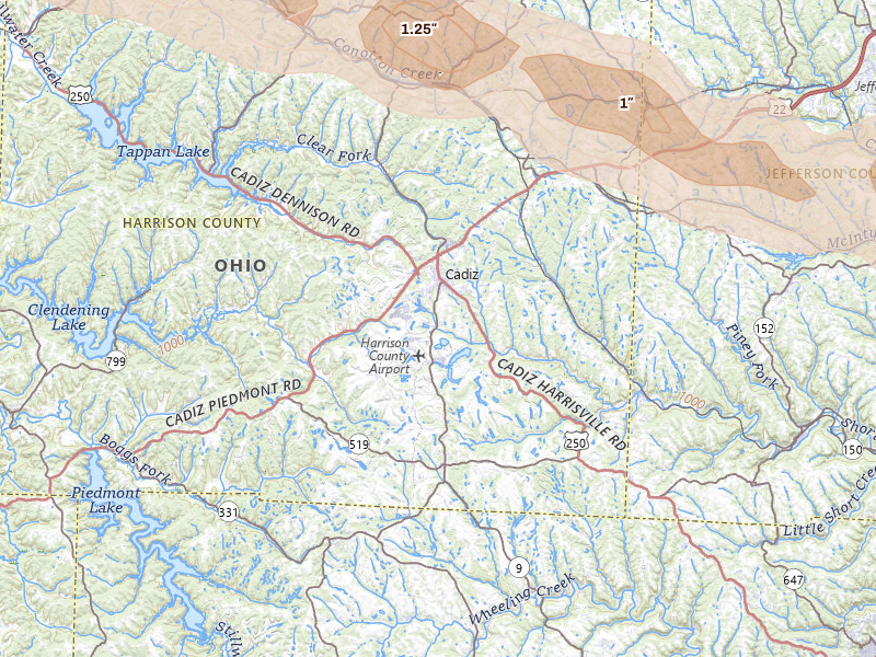 Radar-estimated hail-size map of the storm over Cadiz, OH on Mar 26, 2026