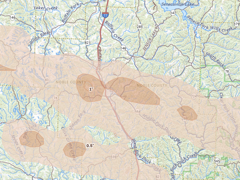 Radar-estimated hail-size map of the storm over Caldwell, OH on Jul 21, 2026
