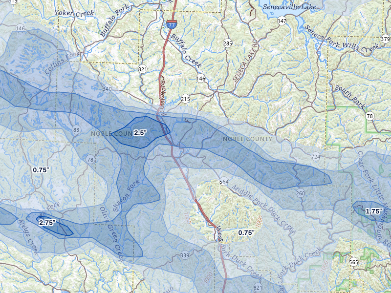 NEXRAD radar-signature map of the hail over Caldwell, OH