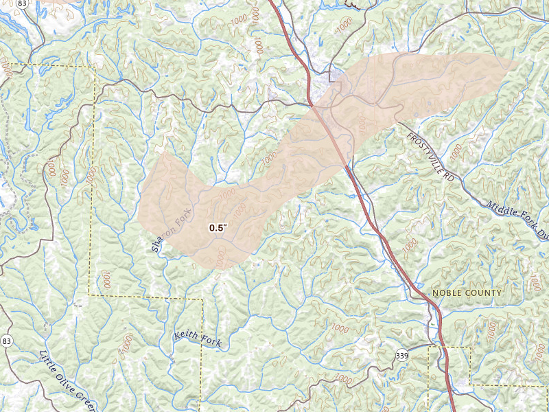 Radar-estimated hail-size map of the storm over Caldwell, OH on Aug 22, 2026