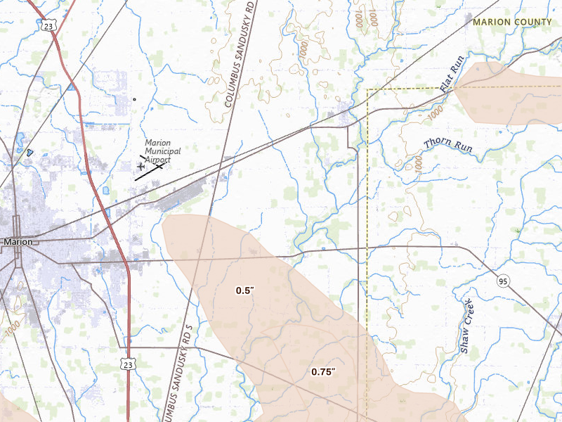 Radar-estimated hail-size map of the storm over Caledonia, OH on Jul 18, 2026