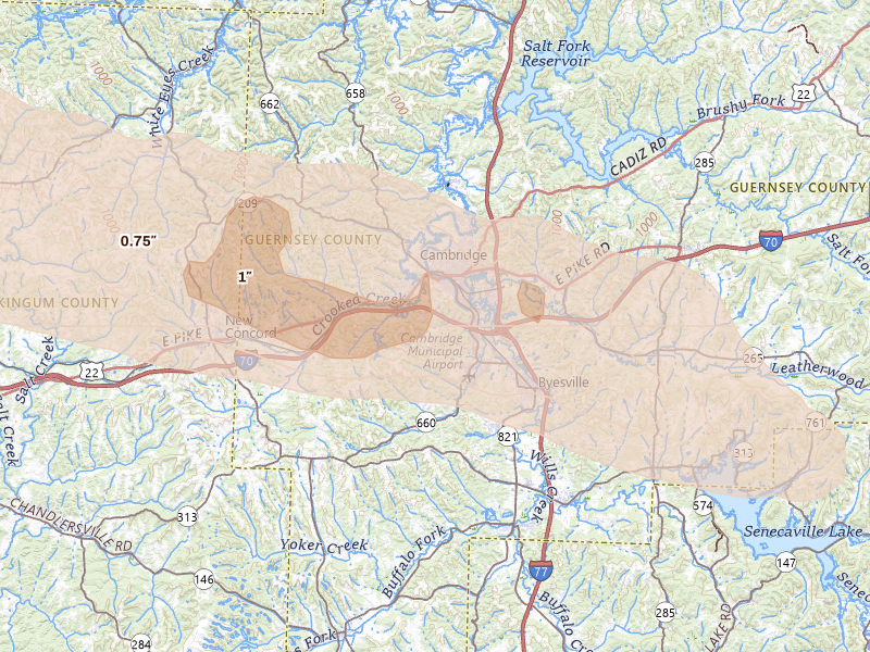 Radar-estimated hail-size map of the storm over Cambridge, OH on Mar 22, 2026