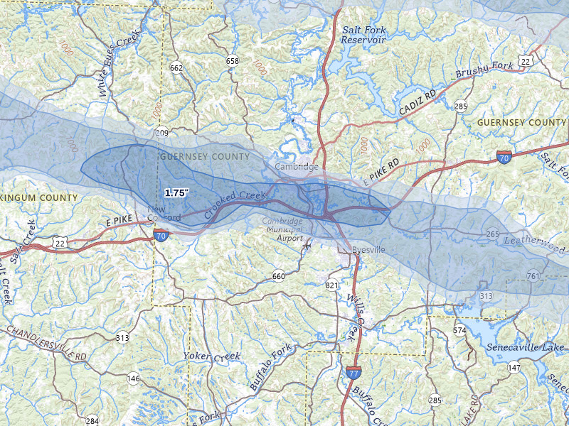 NEXRAD radar-signature map of the hail storm over Cambridge, OH on Mar 22, 2026