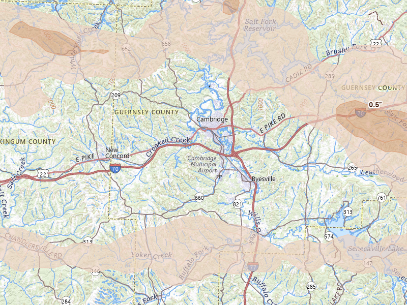 Radar-estimated hail-size map of the storm over Cambridge, OH on Jun 6, 2026
