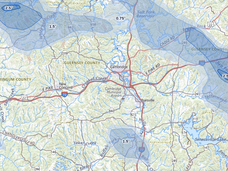 NEXRAD radar-signature map of the hail storm over Cambridge, OH on Jun 6, 2026
