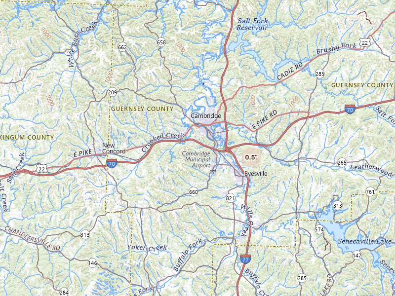 Radar-estimated hail-size map of the storm over Cambridge, OH on Jun 8, 2026