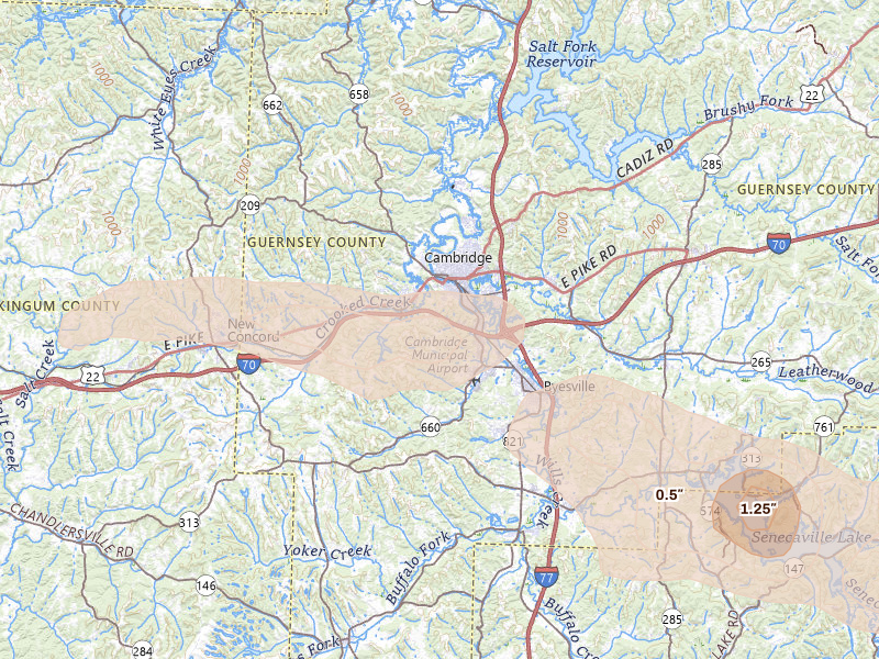 Radar-estimated hail-size map of the storm over Cambridge, OH on Jun 25, 2026