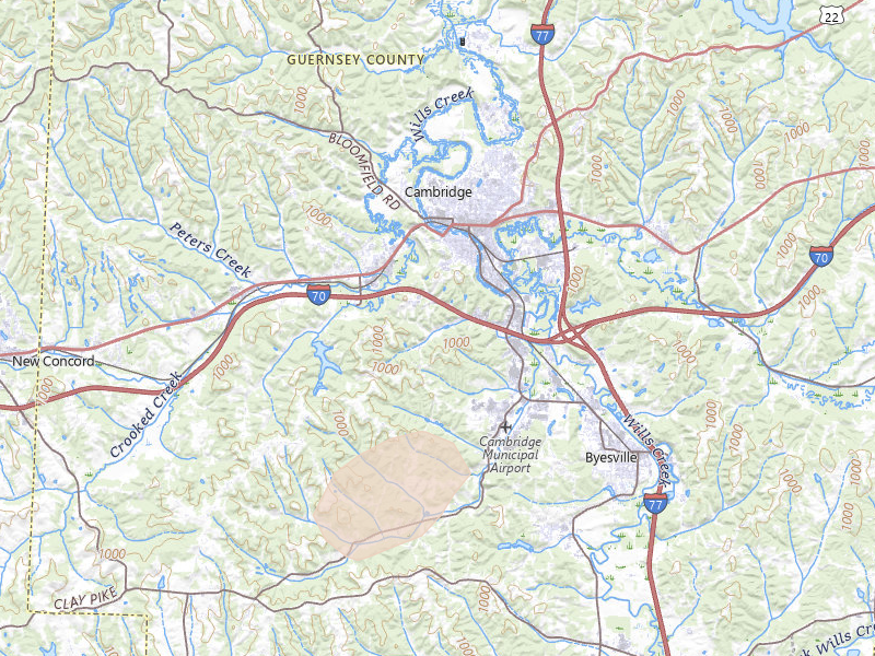 Radar-estimated hail-size map of the storm over Cambridge, OH on Aug 22, 2026