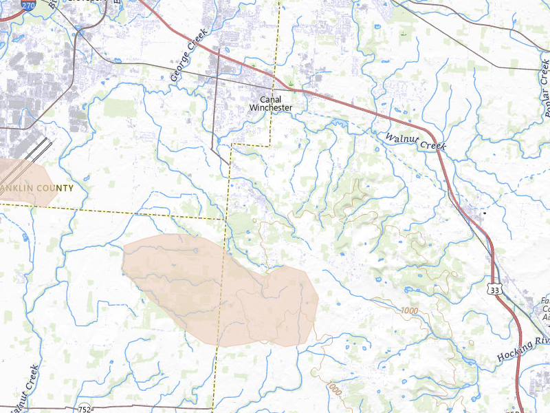 Radar-estimated hail-size map of the storm over Canal Winchester, OH on Jun 6, 2026