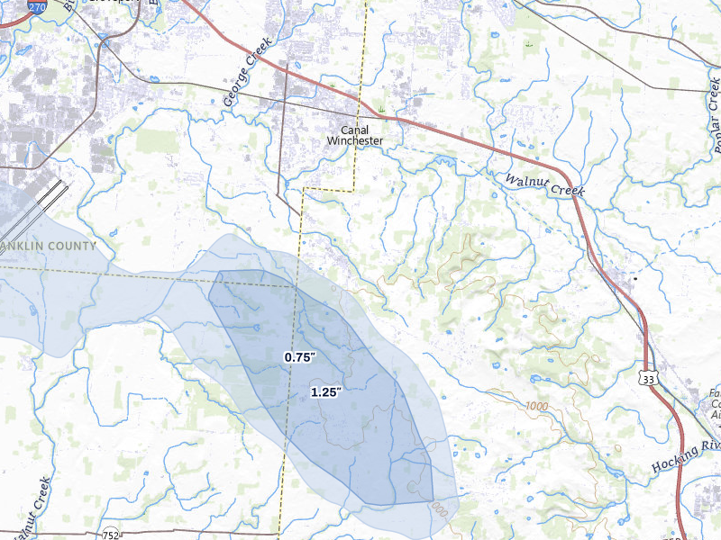 NEXRAD radar-signature map of the hail over Canal Winchester, OH