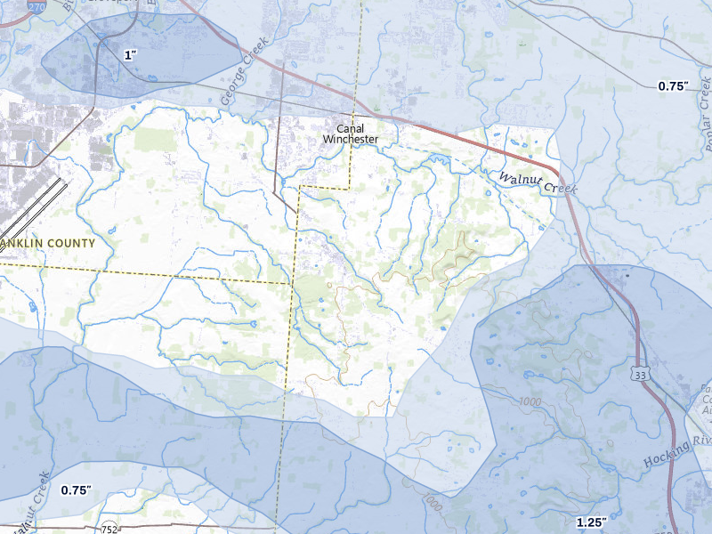 NEXRAD radar-signature map of the hail storm over Canal Winchester, OH on Aug 11, 2026