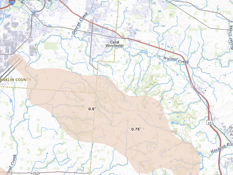 Radar-estimated hail-size map of the storm over Canal Winchester, OH