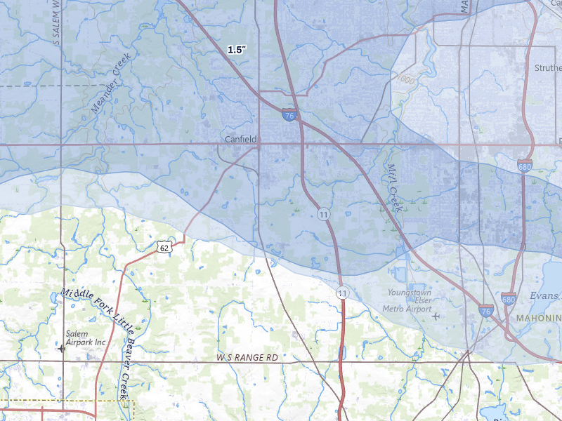 NEXRAD radar-signature map of the hail over Canfield, OH