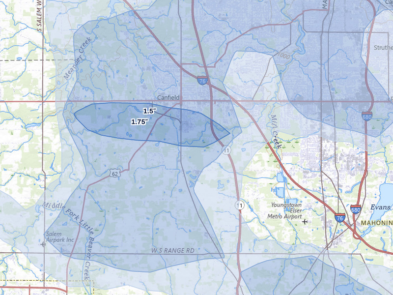 NEXRAD radar-signature map of the hail over Canfield, OH