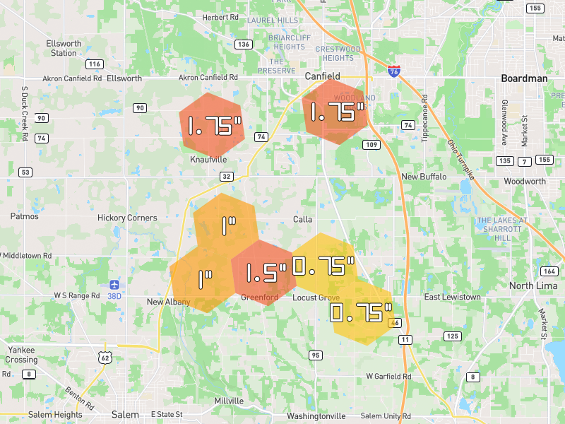 Hail map of Canfield, OH on Jul 4, 2026, hail up to 1.75"