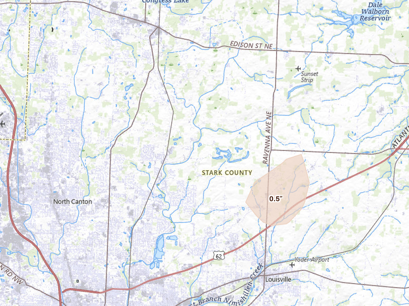 Radar-estimated hail-size map of the storm over Canton, OH on Jul 3, 2026